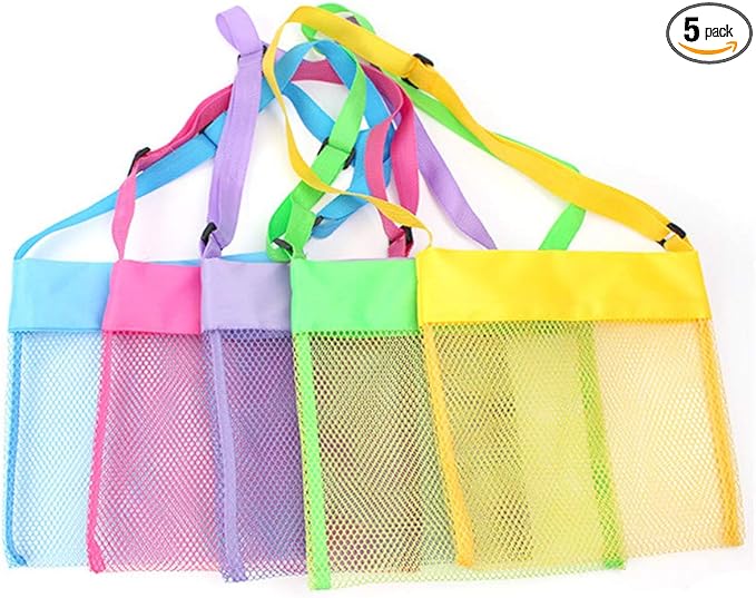 COTDINFORCA 5-PCS Colorful Mesh Beach Bags Sand Away Portable Foldable Sea Shell Bag with Adjustable Carrying Straps/Toy Storage Bag [Yellow, Rose, Purple, Green, Blue] Set of 5 Beach Bags
