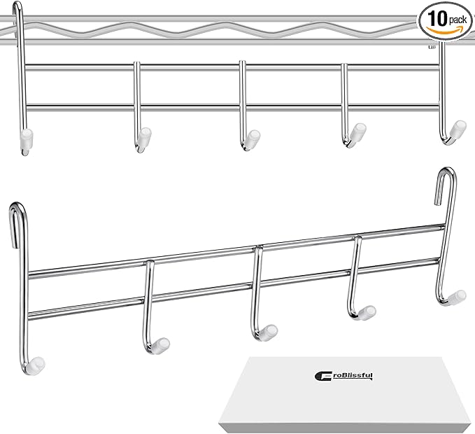 CroBlissful 2 Pcs 5 Hook Attachment for Wire Shelving 1.5 x 12 x 4 Inch Hanging Hooks Rack Wire Chrome Plated Steel Shelf Accessories Metal Hook Bars for Storage Display Organizer (Chrome)