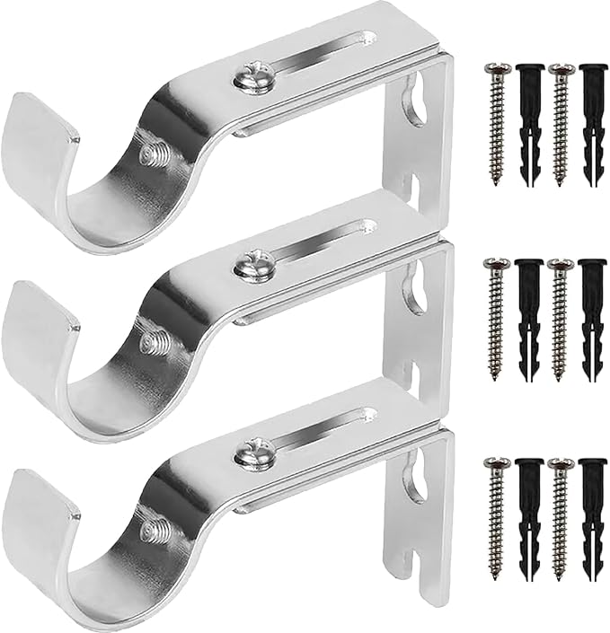 Premium Curtain Rod Brackets - 3 Pack Adjustable Wall Mounts, Curtain Rod Holders for 1 Inch Rod (Silver)