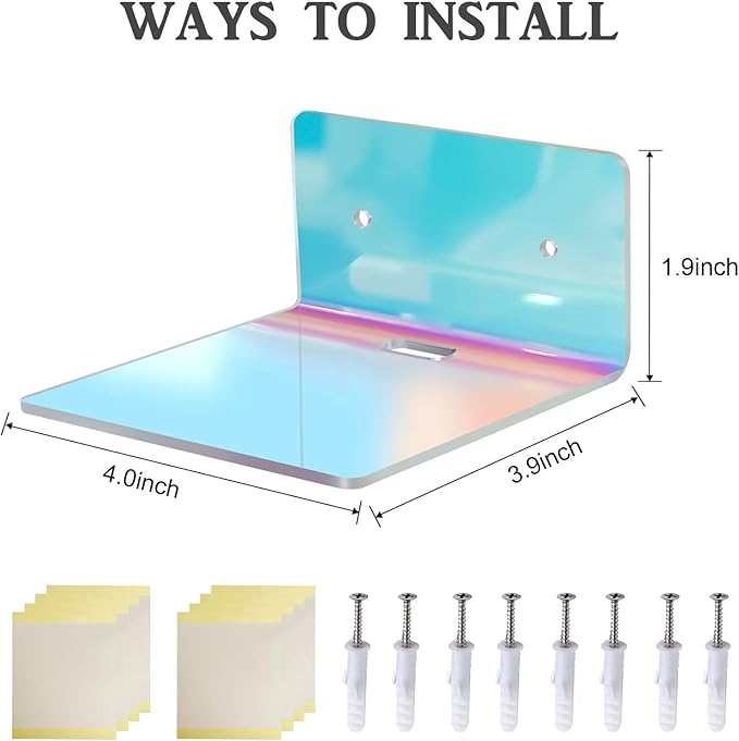 4 Pack Iridescent Small Wall Shelf, 4'' Acrylic Shelves Display Ledges for Storage & Decoration, Small Floating Shelf for Wall with 2 Types of Installation (Adhesive or Screw)