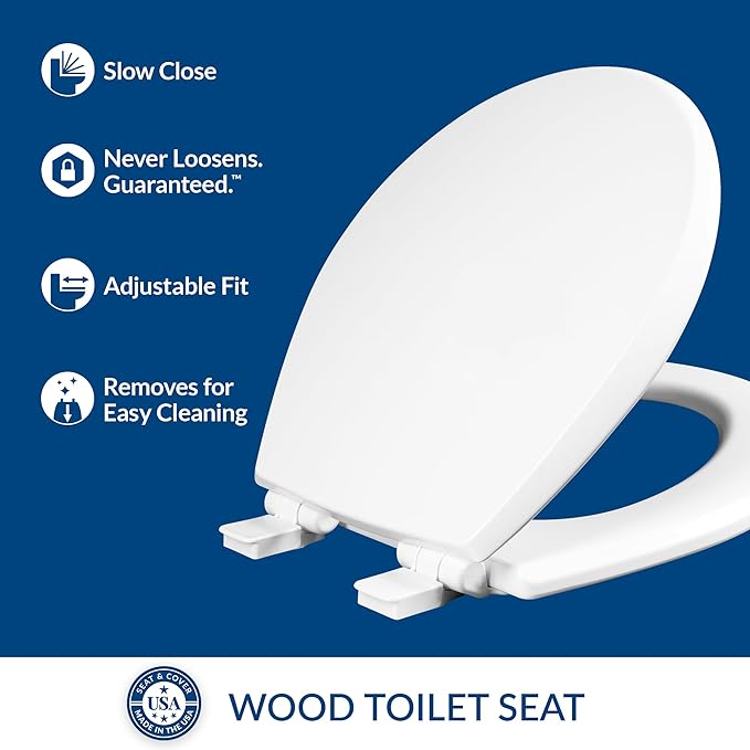 Mayfair Cassel Slow Close Toilet Seat, Easy Clean, Non Slip Premium Wood Seat, Easy Install, Made in USA, Round, White