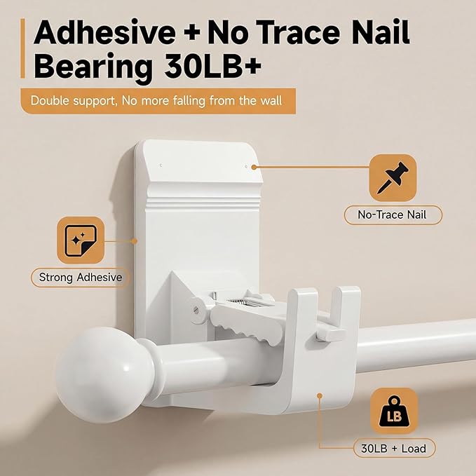 Universal Heavy Duty Curtain Rod Brackets, No Drill Curtain Rod Brackets with Adhesive & Invisible Nail, 30+LB Load Curtain Rod Holders, Damage Free Curtain Rod Hooks for Wall, Bathroom, Kitchen 2PC