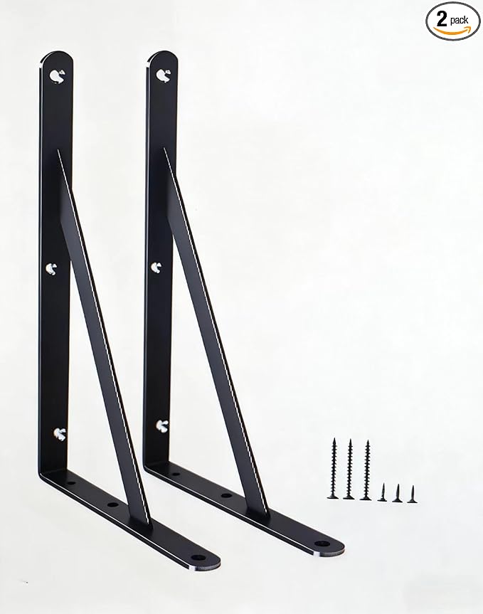 2 Pack L10 x H 8" Black Heavy Duty Shelf Brackets with Screws Metal Shelf Brackets Shelf Support Angle Brackets for Shelves L Brackets Heavy Duty Floating Shelf