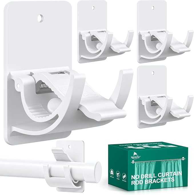 No Drill Curtain Rod Brackets, 4 PCS Self Adhesive Curtain Hooks 20lb, Nail Free Adjustable Curtain Rod Holders Rental Friendly for Apartment, Kitchen, Bathroom, Dorm ＆ Living Room