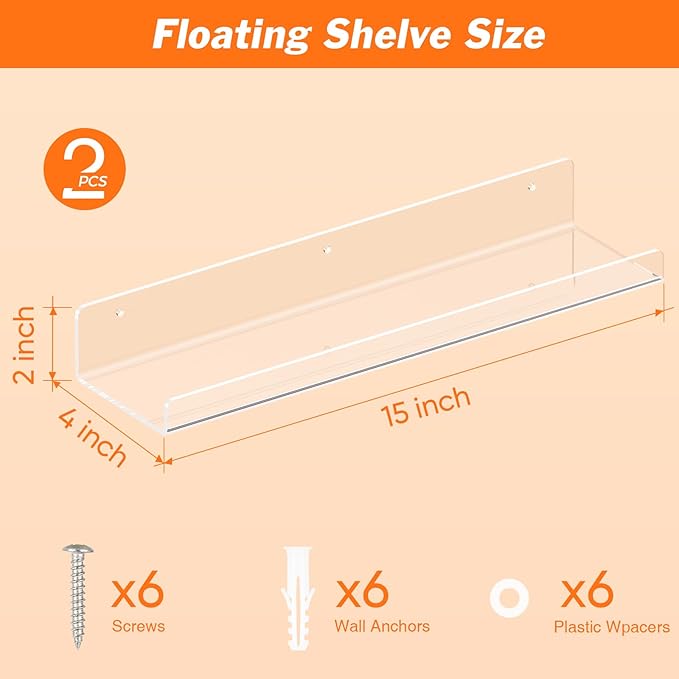 Dooiclear 2 Pack Floating Shelves for Wall, 15" Clear Book Shelf, Acrylic Floating Wall Shelf, Display Shelves Organizer for Bathroom, Classroom, Bedroom, Living Room, Kitchen, Room Decor