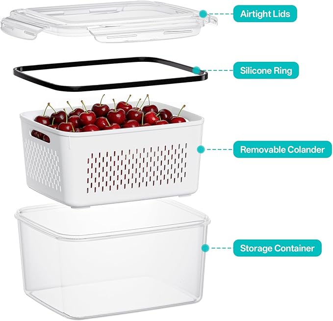 HOMETALL 4 Pack Fruit Storage Containers for Fridge Set, Produce Containers for Fridge with Strainer, Plastic Reusable Fridge Organizers and Storage for Berry Salad Lettuce, Size 3.4, 1.8, 0.9, 0.4QT