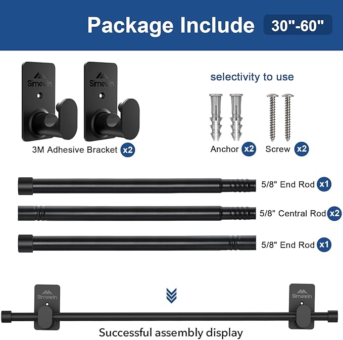 SIMEWIN Curtain Rods No Drilling for Windows 30 to 60 Inches, 5/8 Inch Diameter No Drill Small Curtain Rod Set with 3M Adhesive Brackets, Black