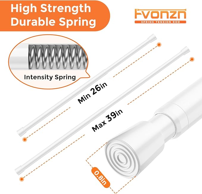 FVONZON Tension Curtain Rod White Spring Tension Curtain Rods 26-39 inch 6Pack Adjustable Spring Rods Extendable Tension Rod For Closet, Window, Kitchen,Bookshelf,Bathroom