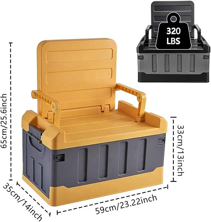 Versatile Foldable Seatable Car Organizer Box Heavy Duty Storage Bins With Lids Trunk,Durable Plastic,60L Can Store Clothes, Toys Camping Equipment in Large Capacity (yellow)