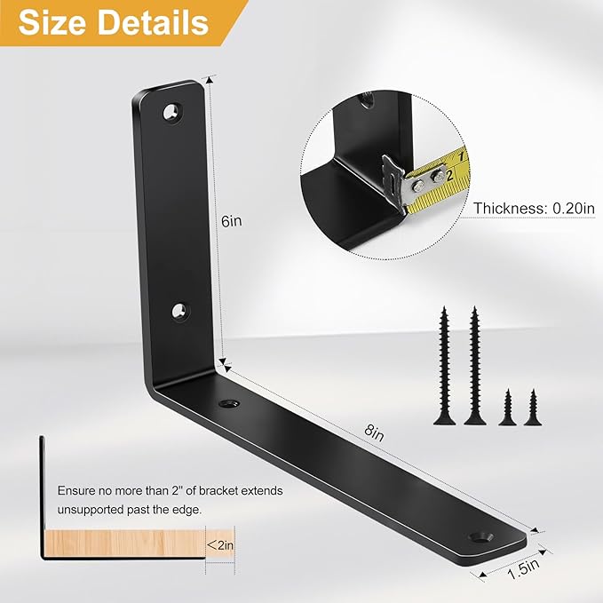 6 Pack - L 8" x H 6" x W1.5, 5mm Thick Black L Shelf Bracket, Iron Shelf Brackets, Metal Shelf Brackets, Floating Shelf, Shelf Supports with Screws