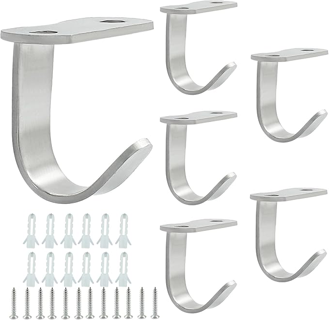 Piutouyar 6 Pack Silver Screw Mounted Ceiling Hooks, Heavy Duty Under-Shelf Coat Hook, Stainless Steel Towel/Robe Clothes Hook Hanger for Cabinet, Kitchen, Cupboard, Bathroom