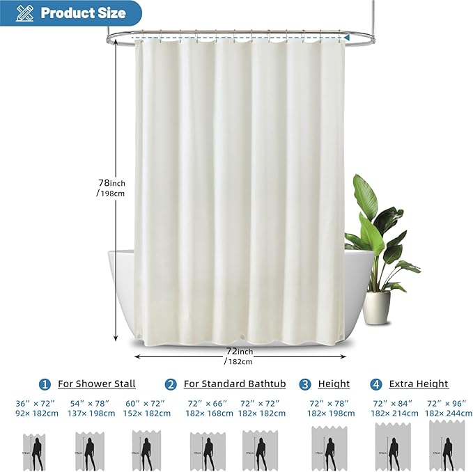 1 Pack Water-Repellent Fabric Shower Curtain Liner - Hotel Quality Machine Washable, 3 Heavy-Duty Magnets with Rustproof Grommets & Weighted Hem, Standard Size 72x78in Cream