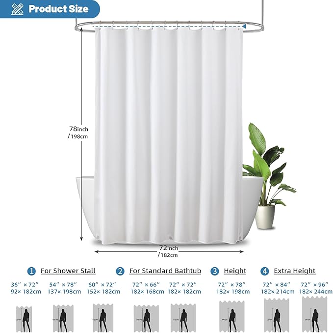 1 Pack Water-Repellent Fabric Shower Curtain Liner - Hotel Quality Machine Washable, 3 Heavy-Duty Magnets with Rustproof Grommets & Weighted Hem, Standard Size 72x78in White