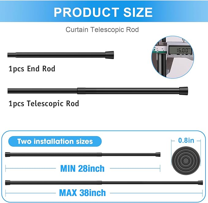1 Pack Spring Loaded Tension Rod 27-38" Adjustable Curtain Rods No Drill Extendable Spring Rod Tension Curtain Rods For Window Kitchen Shelves Rv Refrigerator And Small Spaces,Black