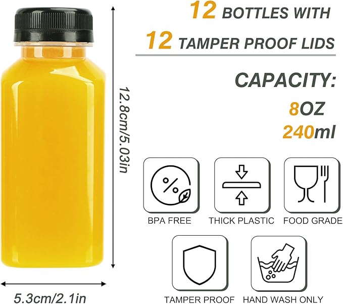 TOMNK 12pcs 8oz Plastic Juice Bottles with Caps Empty Reusable Clear Bottles with Label, Funnel and Brush Beverage Containers Bulk with Lids for Juicing, Smoothies, Fridge