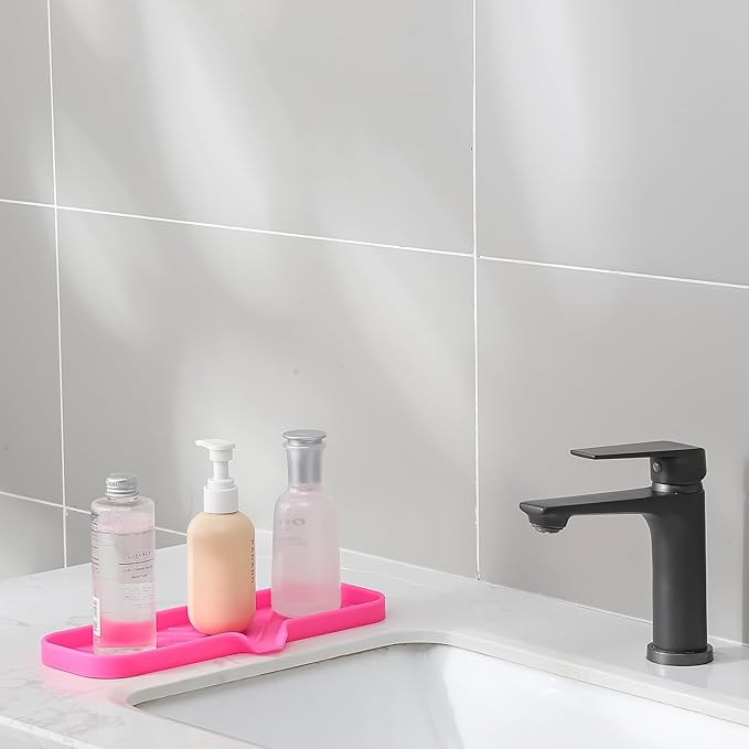 MicoYang Silicone Soap Dish with Drain Spout — Self-Draining Double Sink Organizer Tray for Kitchen & Bathroom, Dispensers, Sponges & Soap Holder, Non-Slip & Dishwasher Safe, Rose (Large, 12"×4")