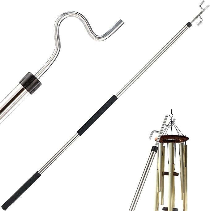 Clothes Hook Pole for Closet,32 to 80In Truck Cargo Recovery Bar Long Handle with 2 Hooks Hanging Birdfeeder and Wind Chime Stainless Steel Tube for Home Outdoor Decorations (Black)