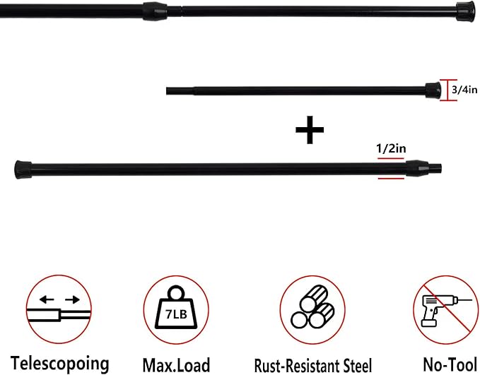 KXLife 6Pcs Spring Tension Curtain Rod, 28 to 40 Inch Adjustable Expendable Tension Rods for Windows, Black Spring Loaded Curtain Rod No Drilling