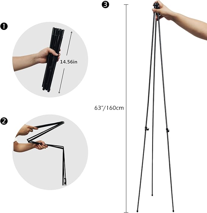 RRFTOK 63" Instant Foldable Portable Ground Easel Stand for Art, Crafts, Wedding Banner & Poster Display - 3 Pack Metal Tripod