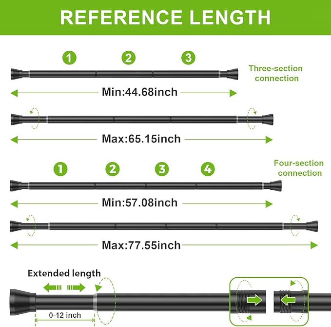 Shower Curtain Rod 45 to 77 Inches 2Pack Black Tension Curtain Rod No Drilling Shower Rod Tension Rod Adjustable Curtain Rod Tension Rod Shower Rods for Bathroom,Windows,Kitchen