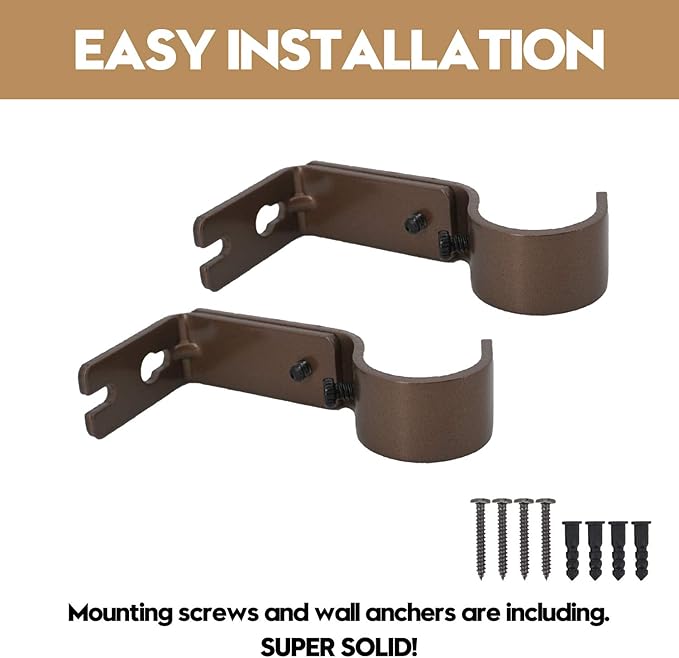 AddGrace Adjustable Curtain Rod Bracket Fits up to 1 inch Curtain Rod Sturdy Premium Brackets for Wall Set of 2 Brown