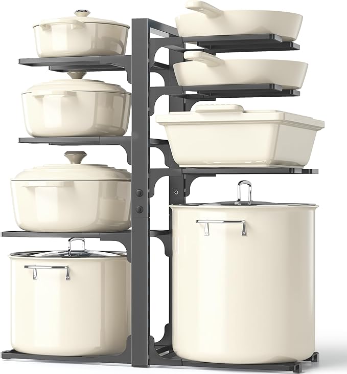 MUDEELA Pots and Pans Organizer Rack under Cabinet 20.8" Height, 8-Tier Adjustable Heavy Duty 120LBS Pot and Pan Organizer Rack inside Cabinet for Kitchen Organizer Cast-iron Pans, Heavy Cookware