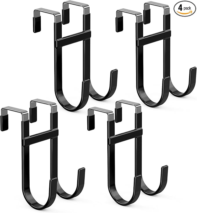 FYY Over The Door Hooks - 4 Pack Heavy Duty Double-Hanger Organizer for Bathroom Bedroom Dorm, Hanging Clothes Towels Hats Bags Ironing Board Wreath Robe - Fits Interior Doors Up to 1 3/8" Black