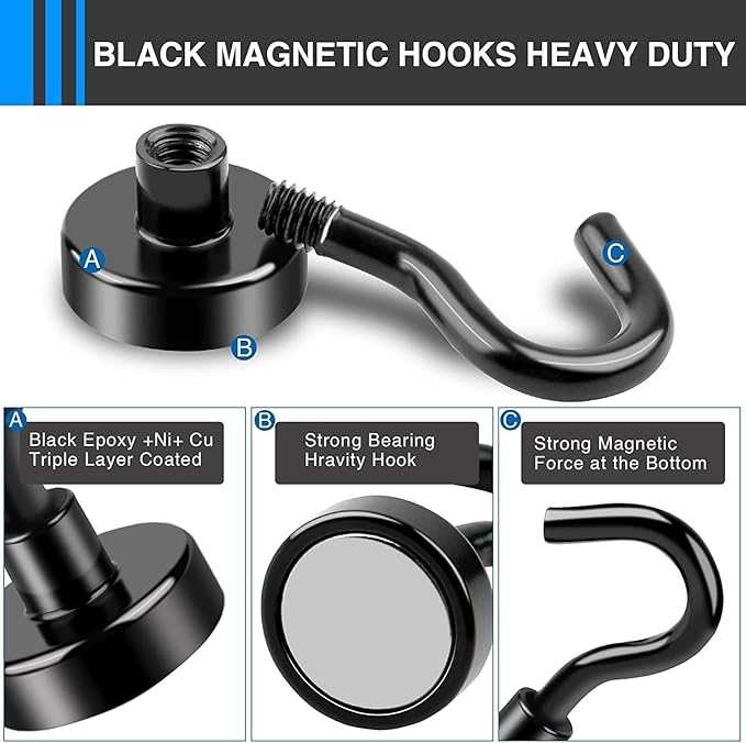 LOVIMAG 25Pcs Magnetic Hooks,Strong Neodymium Magnet Hooks for Cruise Essentials,Black Heavy Duty Magnets Hooks for Classroom Must Haves,Office Accessories,Garage Door,Fridge,Kitchen,Hanging,Grill