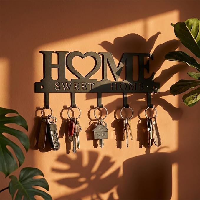 Key Holder Hooks Organizer Hanger Rack Wall Mounted Sweet Home Metal Decor Stylish and Practical for Entryway Front Door Kitchen Hallway Garage Mudroom Office Hardward Included Black (Sweet 13 inches)