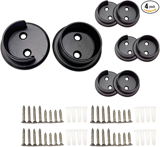 QCAA Heavy Duty Solid Metal Closet Rod Socket Set, 1-3/8'', Matte Black, 4 Pair, Made In Taiwan