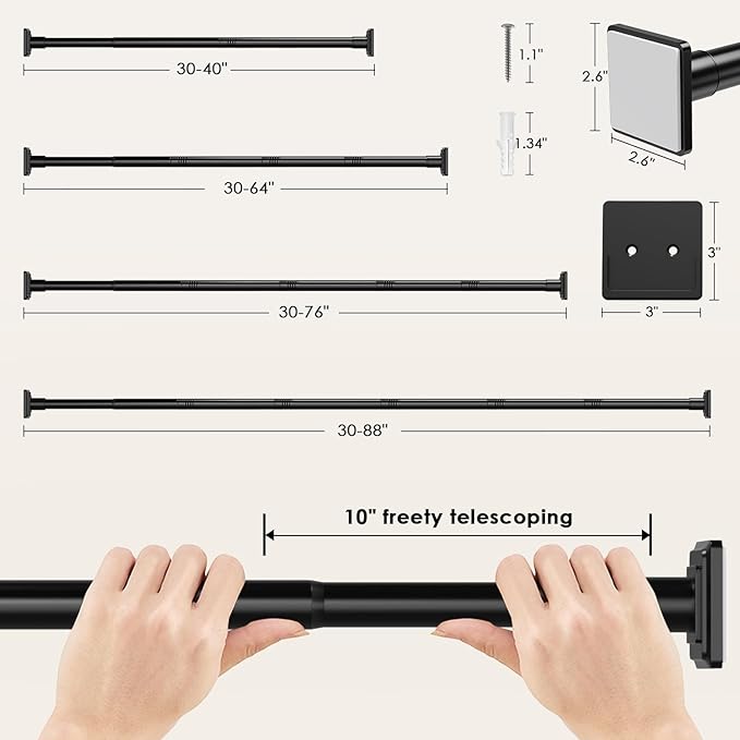 Black Shower Curtain Rod,Spring Tension Curtain Rod 30-88”,No Drill or Screw Installation Shower Rod for Bathroom, Closet, Kitchen with Brackets