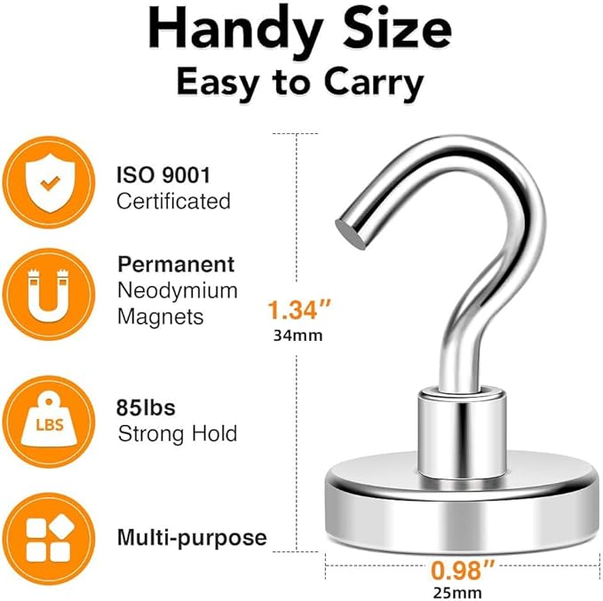 MIKEDE Magnetic Hooks, 85Lbs+ Heavy Duty Magnetic Hooks for Cruise Cabins, Super Neodymium Hanging Hooks Strong Magnets with Hook for Fridge, Magnetic Hanger for Grill, Toolbox, Storage, 4 Pack