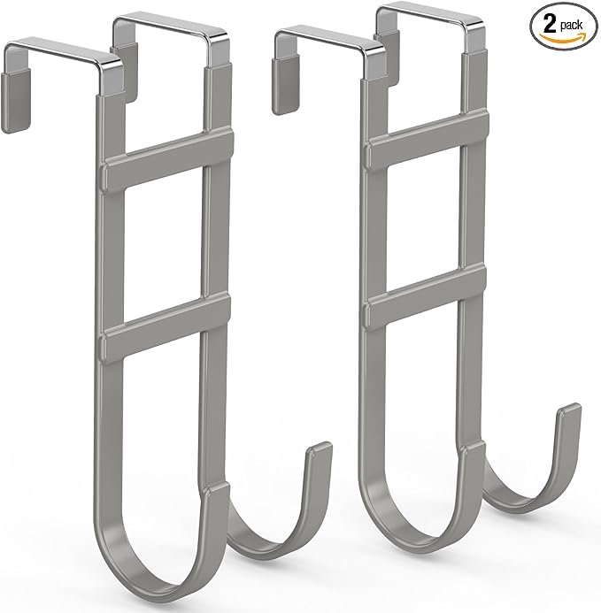 FYY Over The Door Hooks - 2 Pack Heavy Duty Double-Hanger Organizer for Bathroom Bedroom Dorm, Hanging Clothes Towels Hats Bags Ironing Board Wreath Robe - Fits Interior Doors Up to 1.6” Grey