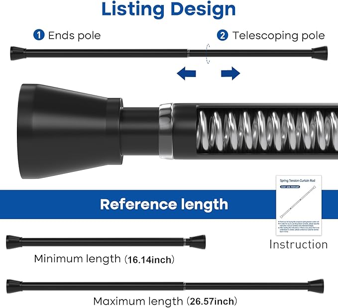 Black Tension Rod 16 to 26 Inch 2 Pack Small Tension Rod Adjustable Curtain Rod Spring Rod No Drilling Expandable Pressure Curtain Rod for Bathroom,Doorway,Door