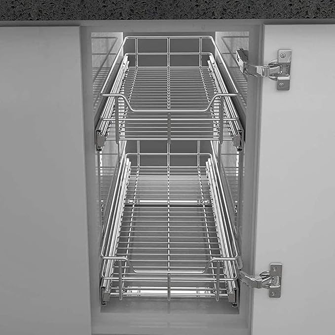 2 Tier Pull Out Cabinet Organizer 14" W X 22" D, Slide Out Drawers For Kitchen Cabinets, Pull Out Drawers For Cabinets Capacity Heavy Duty Caddy, Cabinet Pullout Shelves Chrome-Plated,Bathroom Pantry | Slide Out Drawers, For Kitchen Cabinets, Heavy Dut...