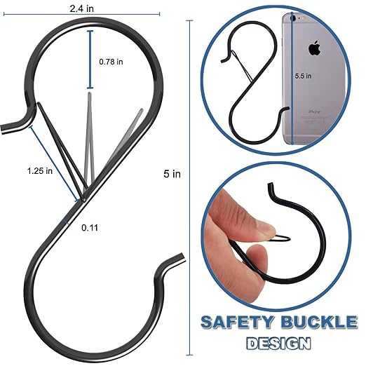 7 Pack S Hooks for Hanging with Safety Buckle, 5 inch Heavy Duty Black Vinyl Coated Wire Shelving Hooks, Pot Rack Hooks for Hanging Plants, Bags, Kitchen Utensils, Cups, Pans