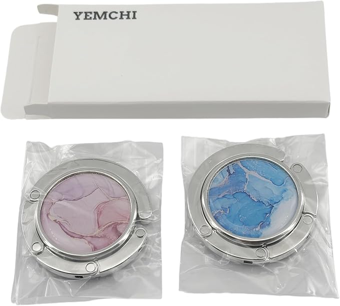 2 Pack Foldable Purse Hook Folding Women's Handbag Hangers Hooks for Desk Table Bag Holder Marble Mixed Color (Blue & Pink)