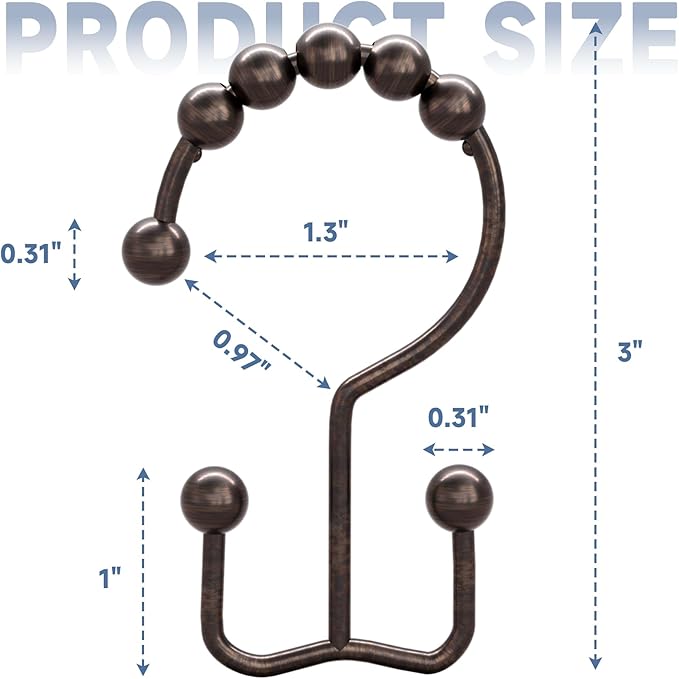 Titanker Shower Curtain Hooks Rings, Rust-Resistant Metal Double Glide Shower Hooks for Bathroom Shower Rods Curtains, Set of 12 Hooks - Bronze