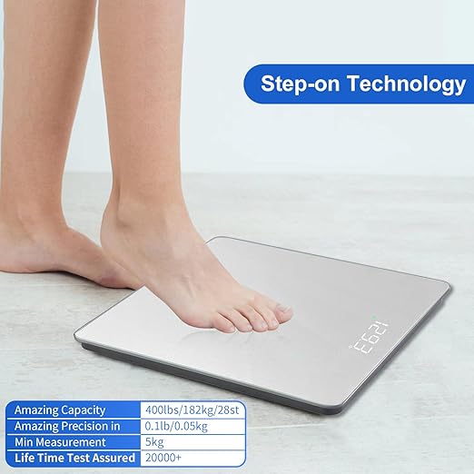 Homebuds Bathroom Scale for Body Weight, Precision 0.1lb by Our Professional Scale Factory Since 2001, Digital Weight Scale LED Display and Step-On, 3*AAA Batteries Included, 400lb/182kg, Silver