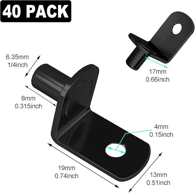 40 Pcs Shelf Pins Pegs,1/4 Inch L-Shaped Shelf Support Pegs,Bookshelf Pegs for Shelves,Cabinet Shelf Bracket Pegs with Hole,Shelf Pins Holders for Kitchen Furniture & Closet (Black)