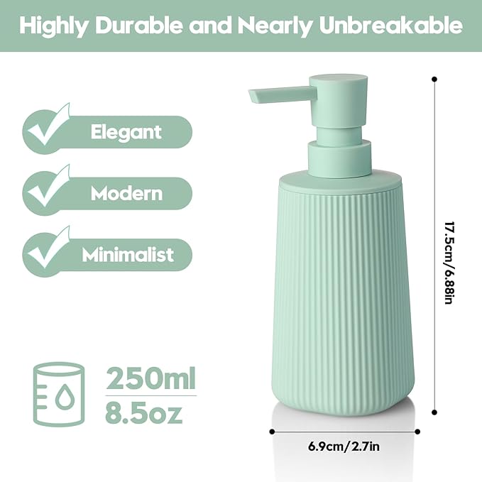 Small Soap Dispenser for Bathroom and Kitchen, Modern Farmhouse Striped Style Plastic Hand Soap Dish Soap Dispenser with Pump Matte Light Green