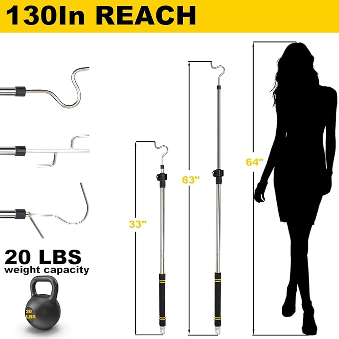 Clothes Hook Pole, High Reach Garment Hook 38“ - 63” Telescoping Pole with 3 Hooks and Foam Handle for Hanging Clothes String Lights Plants Grabbing Trunk Cargo Shelf Items