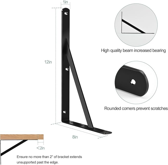 24 Pack L12 x H 8" Black Heavy Duty Shelf Brackets with Screws Metal Shelf Brackets Shelf Support Angle Brackets for Shelves L Brackets Heavy Duty Floating Shelf