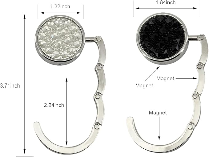 2 Pack Bling Crystal Foldable Purse Hooks for Table & Desk | Women's Handbag Hangers | Anti-Slip & Portable | Perfect for Dining Out & Office Use | Mixed Color (Black & White)