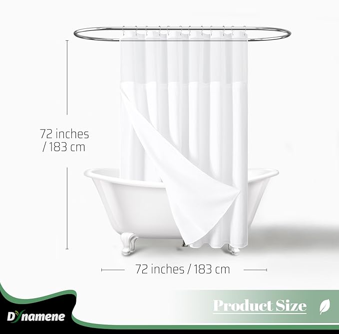 Dynamene Fabric Shower Curtain with Snap in Liner, White Waffle Hotel Shower Curtains for Bathroom, Washable Waterproof Cloth Shower Curtain Liner Set with Plastic Hooks, Mesh Top Window, 72x72