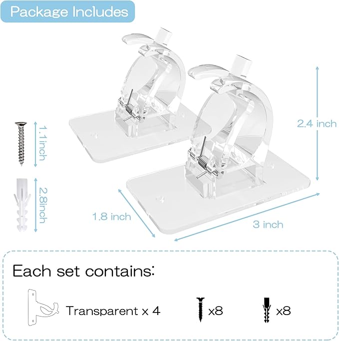 4 Pieces Self Adhesive Curtain Rod Bracket, Universal Plastic Curtain Rod Holders, No Drill Curtain Rod Brackets Curtain Rod Hooks for Bathroom, Bedroom, Livingroom, Kitchen (Transparent)