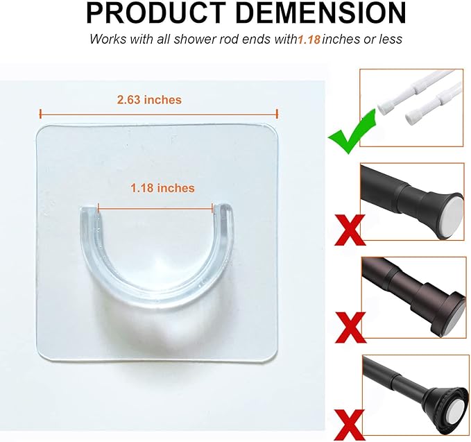Venupple Spring Tension Rod Holder, 4 Packs 1.18 Inches Small Transparent Shower Rod Bracket No Drilling, Small Adhesive Tension Curtain Rod Retainer Shower Curtain Rod Holder