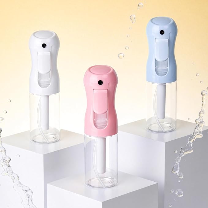 3Pcs Continuous Spray Bottles For Hair,Ultra Fine Mister for Hair Styling, Plants, Cleaning, Salon, Misting & Skin Care (200ml Blue+Pink+Clear)
