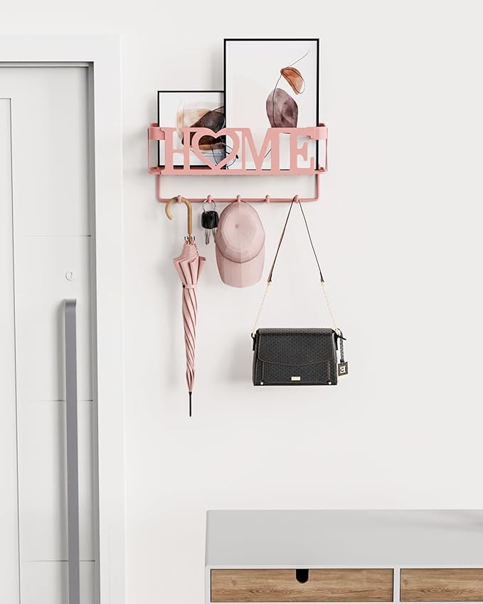 Key Holder for Wall - Adhesive Key Rack with 5 Key Hooks, 11.02" L×2.75" W×4.92" H, Key and Mail Organizer Wall Mount, Key Hanger for Wall, Entryway, House, Living Room Decor(Pink)
