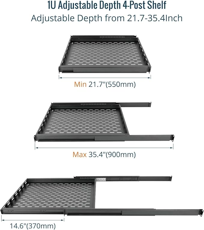 Tecmojo 1U Sliding Rack Shelf,4-Post Vented Rack Mount Shelf,21.7in Deep with Adjustable Mounting Depth 21.7-35.4in,Supports to 110lbs,for 19 Inch AV/Network Equipment Rack,Unassembled,Black